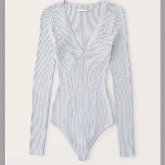 ☀️ ABERCROMBIE & FITCH Ribbed Gray Blue Bodysuit Long Sleeve V Neck Elevated - Picture 6 of 6